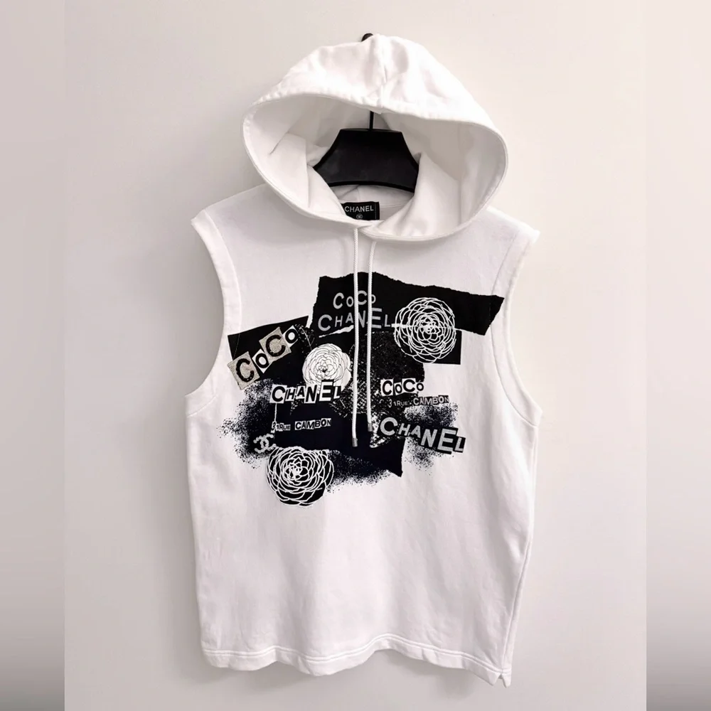Authentic CHANEL 20P White Hoodie Sweatshirt with Black Graphic Logo Collage